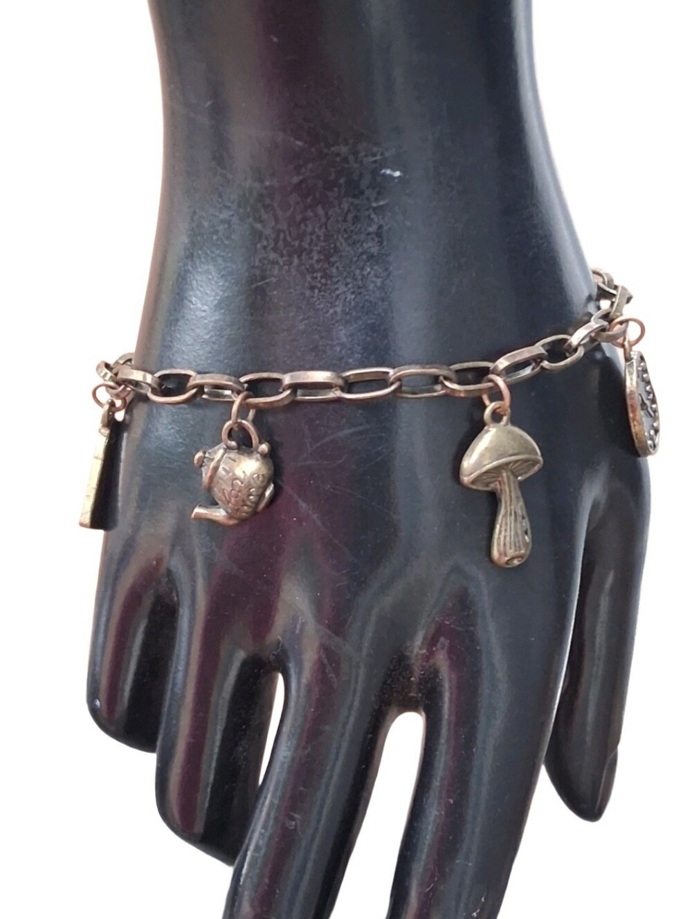 Vintage Alice In Wonderland Charm Bracelet Bronze Teapot Clock Mushroom Cards